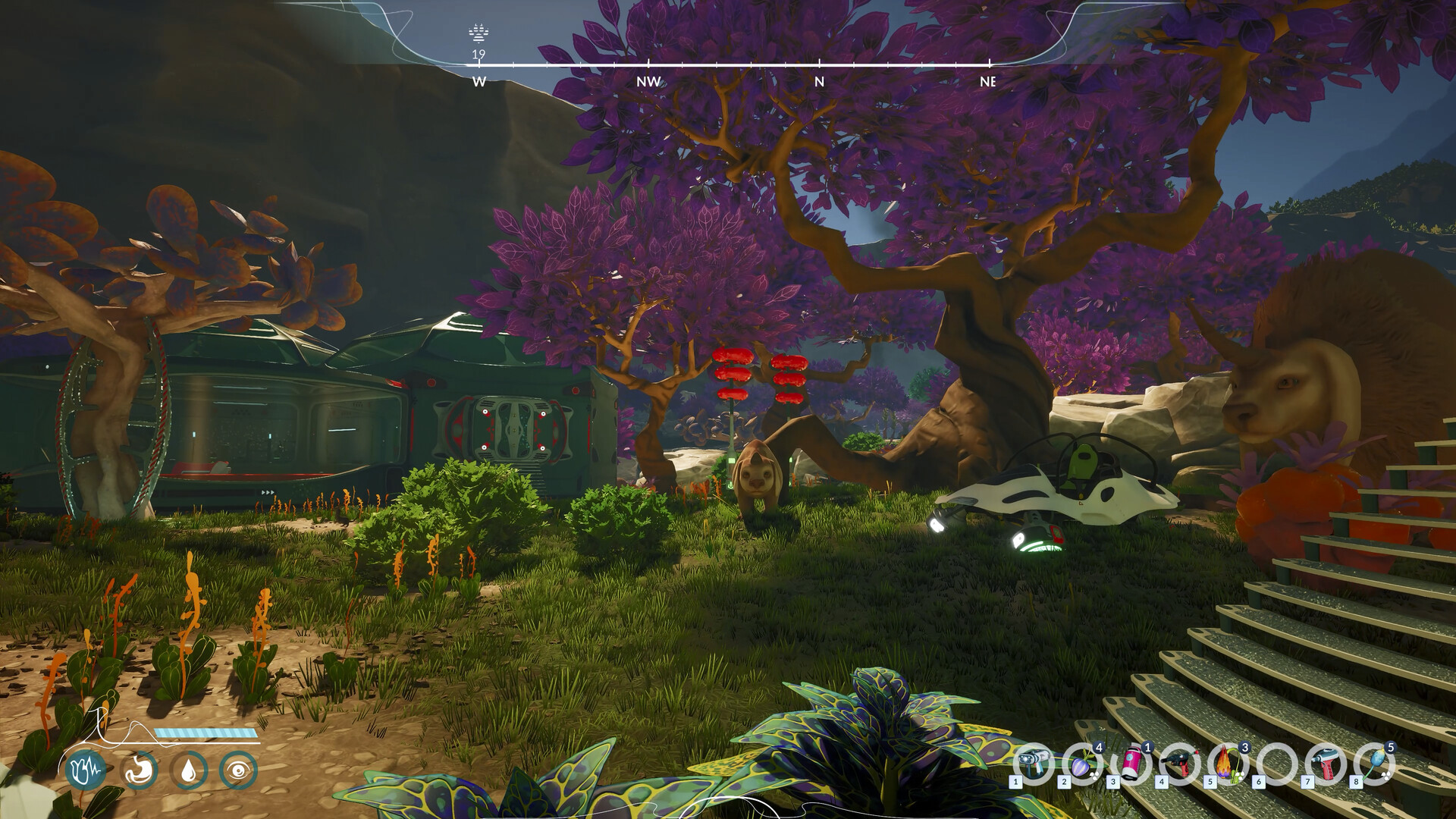Base camp at night near purple alien trees on Sota7 — Honeycomb: The World Beyond