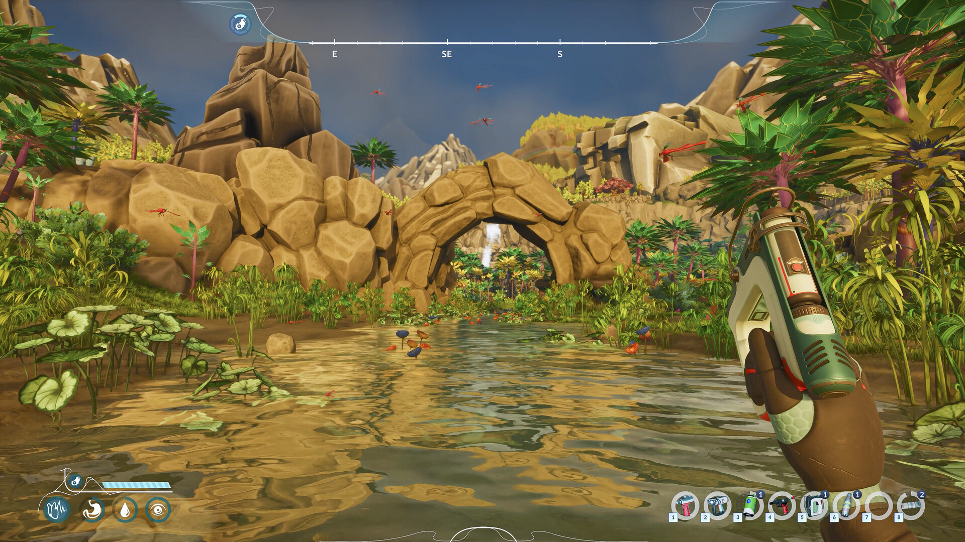 Sandy river crossing with tropical alien vegetation and scan tool — Honeycomb: The World Beyond
